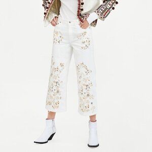 Zara The Western Culotte White Embroidered Boho Bohemian Denim Jeans NWT